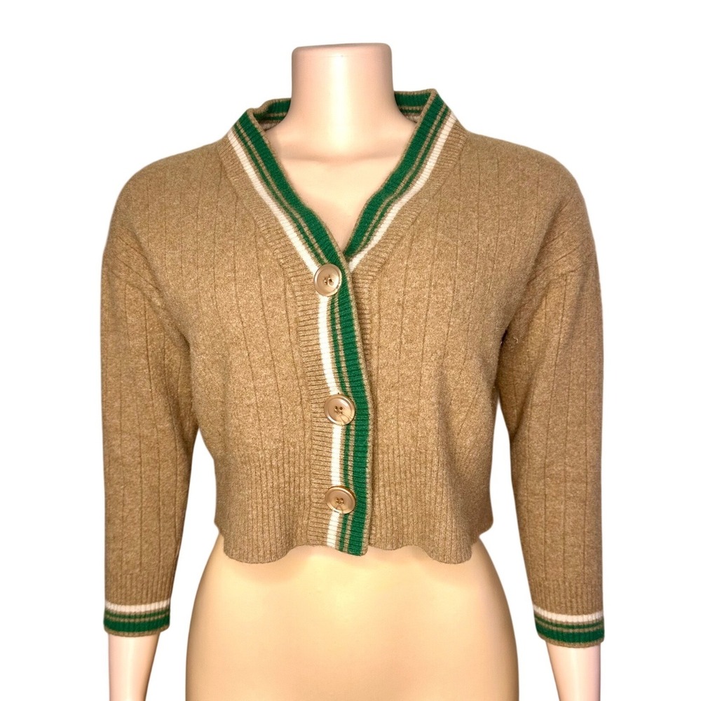 Monrow Women's Wool Cashmere Cropped Cardigan V-Neck Sweater Size Medium Tan